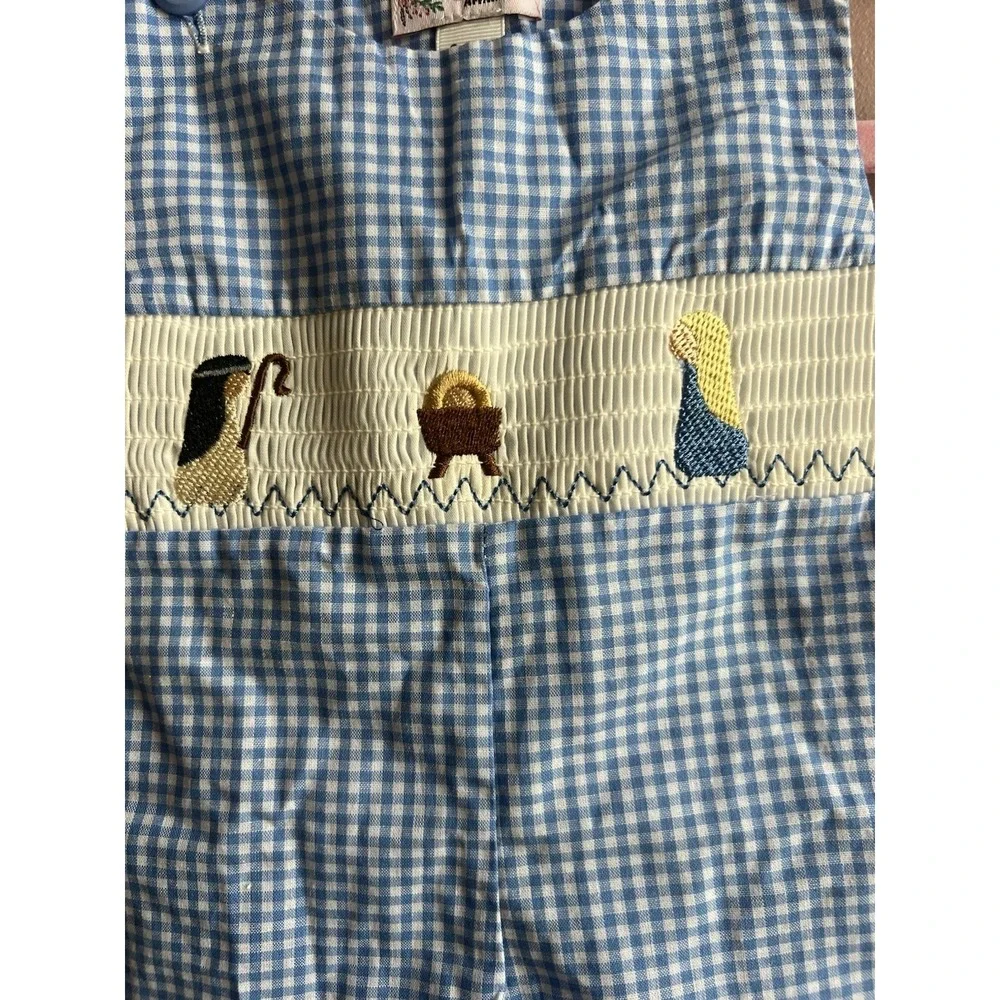 Smocked Nativity Scene Blue Gingham Long-all Jonjon Baby Toddler Size 0-6 Months
